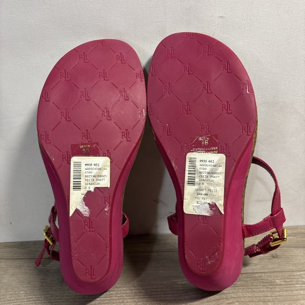 Women's 9 Vintage Ralph Lauren Reeta Strappy Pink Fuchsia Cork Wedge Y2K - Picture 6 of 9